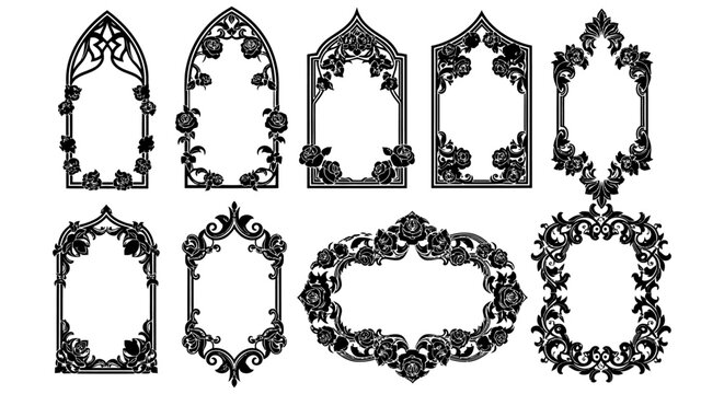 ornate gothic frames with rose borders and floral arches elegant decorative design elements perfect for vintage invitations.