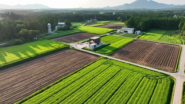 An expansive aerial drone video, slow dolly pan over a diverse rural landscape with lush green forests, bright agricultural fields, and tilled earth, integrating modern farm structures. Concept of