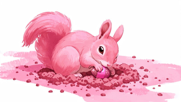A playful pink squirrel is having fun with a ball in a park or backyard setting