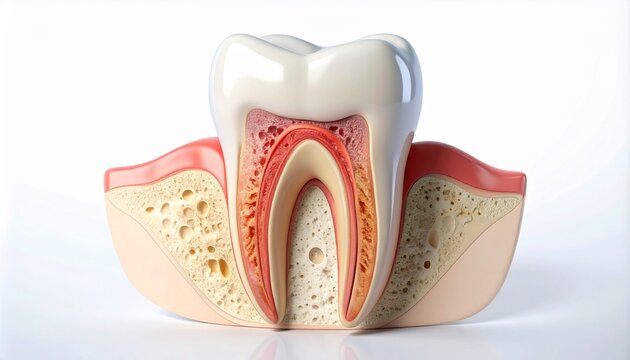 Tooth Abscess - Realistic molar cross section revealing bacterial infection and pus pocket at the root apex.