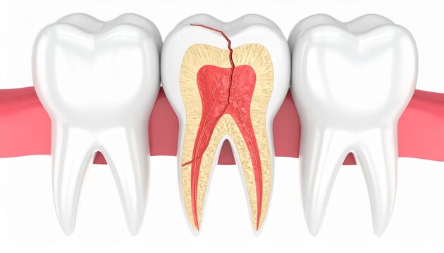 Cracked Tooth Syndrome - Realistic molar cross section showing a fine hairline fracture extending through the enamel and dentin.