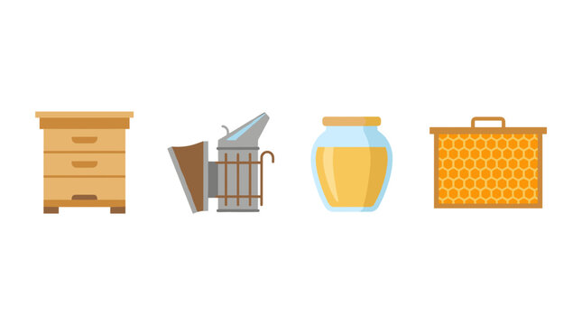 vector beekeeping apiary equipment icons set with wooden bee hive box smoker honey glass jar and