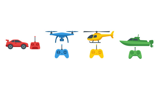 vector radio control rc toys set with red rc car blue drone yellow helicopter and green