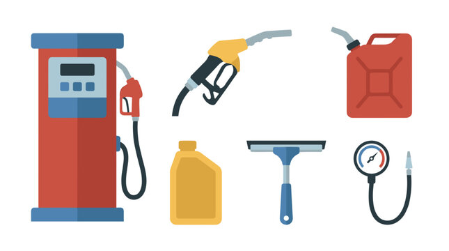 vector gas station fuel pump items set with pump nozzle red jerry can oil bottle squeegee