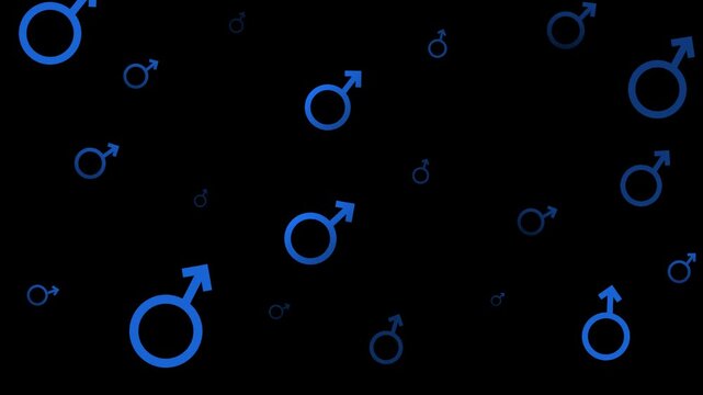 Blue male man mars masculine gender symbol icon floating animation on black alpha channel background	