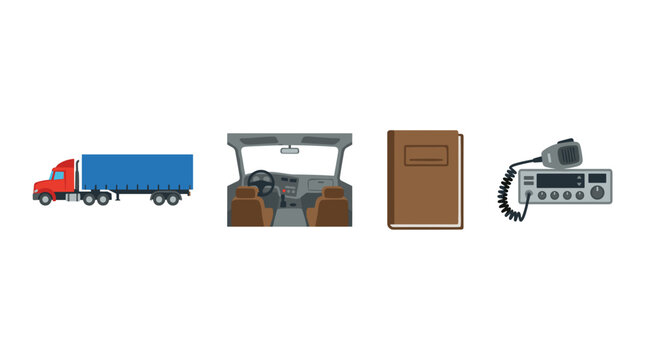 vector trucking industry icons set with semi trailer truck driver dashboard cab interior log book and