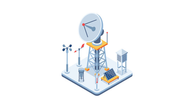 vector isometric weather monitoring station with satellite radar dish antenna mast wind sensors solar panel and