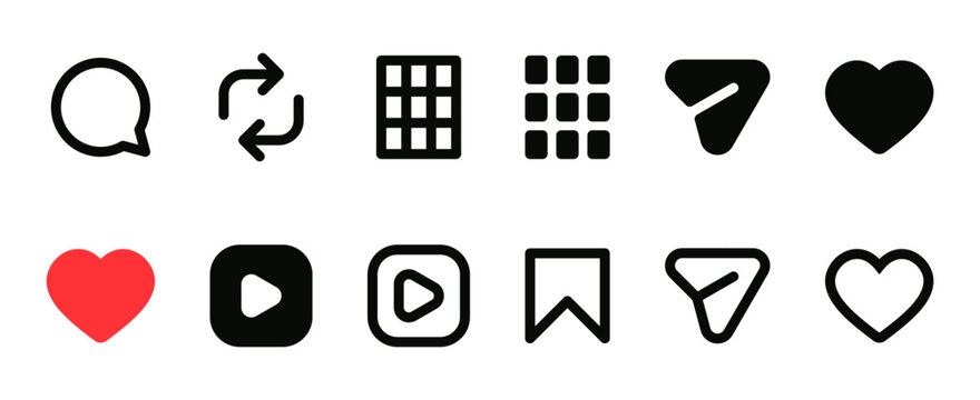 Instagram icons for Social media interaction line icon set with like, comment, save, share and repost symbols in clean outline vector style
