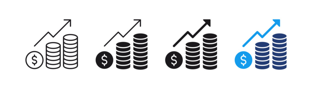Financial Growth and Money Profits Investment Vector Icon Set ; coin stacks and rising arrows. for revenue growth, banking, investment success and business analytics symbols