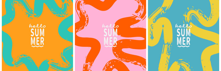 Obraz premium Hello Summer Abstract Wavy Poster Collection ; Colorful hello summer poster collection with with textured wavy brush strokes shapes, textured waves. Trendy seasonal social media vector background set.