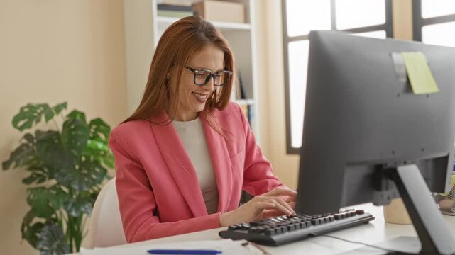 Woman in pink blazer and glasses at computer typing, smiling and waving hand toward webcam in a building; cheerful remote work.