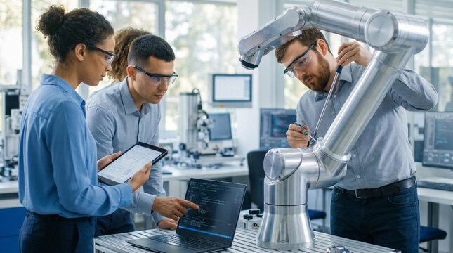 Diverse team of engineers working together on a modern robotic arm in a high-tech laboratory. Collaborative robotics project, innovation, and STEM teamwork concept.