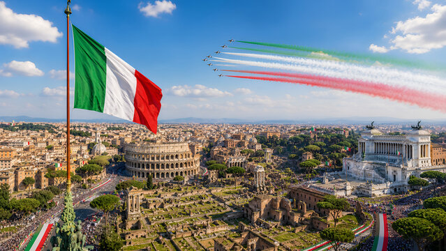 Panoramic Rome skyline with Colosseum and Altare della Patria Italian flag and airshow jets with tricolor smoke national celebration aerial view Italy