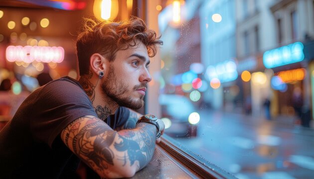 Young Gen Z man sitting alone in a neon-lit urban cafe, thoughtful expression, authentic candid photography