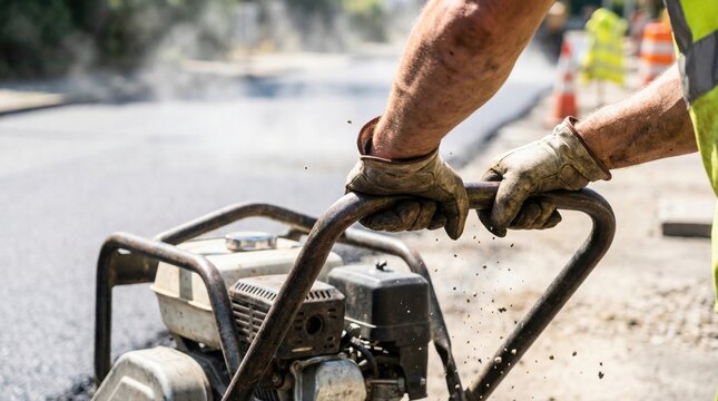 Road construction worker operating a vibratory plate compactor on fresh black asphalt