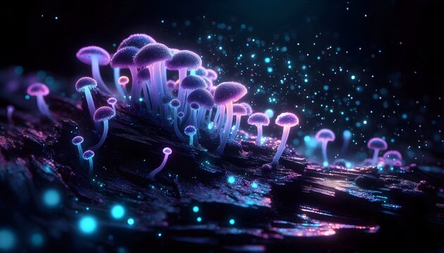 Macro of bioluminescent fungi releasing glowing spores in the dark