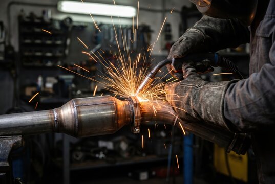 Welder fusing a metal automotive exhaust catalytic converter pipe with bright flying sparks