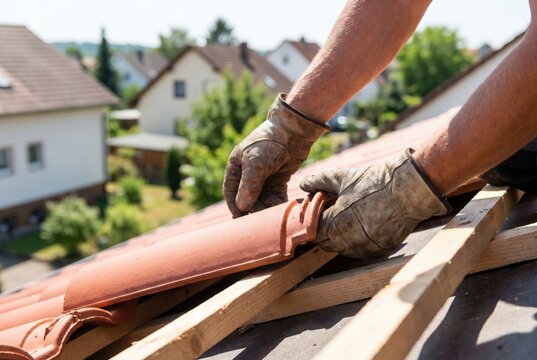 Roofer placing red clay tiles onto the wooden battens of a new residential house roof