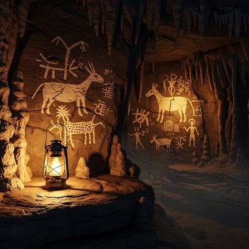 Ancient cave paintings lit by lantern.