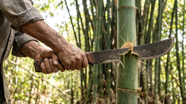Worker cutting green bamboo stalk with a large machete in a lush forest