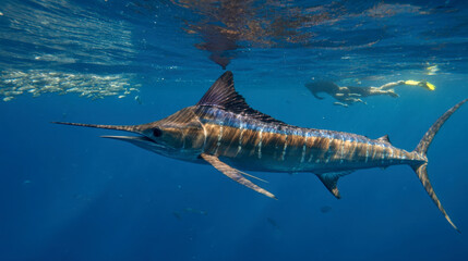 Obraz premium A powerful blue marlin glides through the clear tropical ocean with light rays piercing the surface and a school of fish in the distance, capturing the essence of wild marine life and sport fishing.