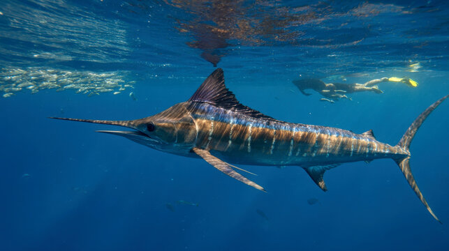 A powerful blue marlin glides through the clear tropical ocean with light rays piercing the surface and a school of fish in the distance, capturing the essence of wild marine life and sport fishing.