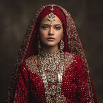 Stunning portrait of a woman in traditional South Asian bridal attire, featuring a rich red embroidered sari, heavy silver necklaces, a turban, and a veil, symbolizing cultural heritage and grace.