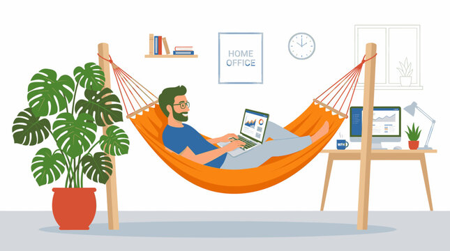 Man Working from Home in Hammock with Laptop and Coffee Cup
