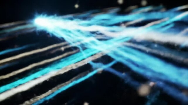 Aerial video of vibrant, luminous data streams in a vast, dark digital void. One intensely bright, pulsating stream decisively breaks away with an energetic blue-white glow, others continue serenely.