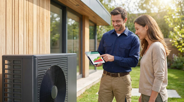 Technician showing energy efficiency data on a tablet to a homeowner near a modern heat pump. Renewable eco-friendly home heating and cooling technology service.
