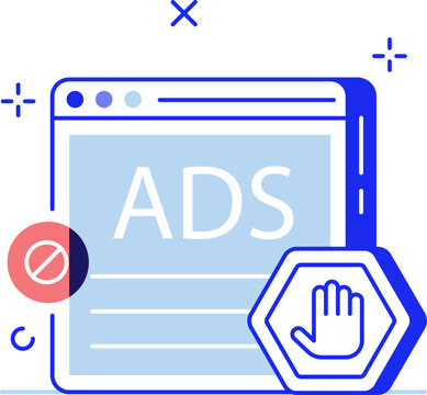 Browser window ads stop hand and prohibition sign for internet privacy protection vector illustration