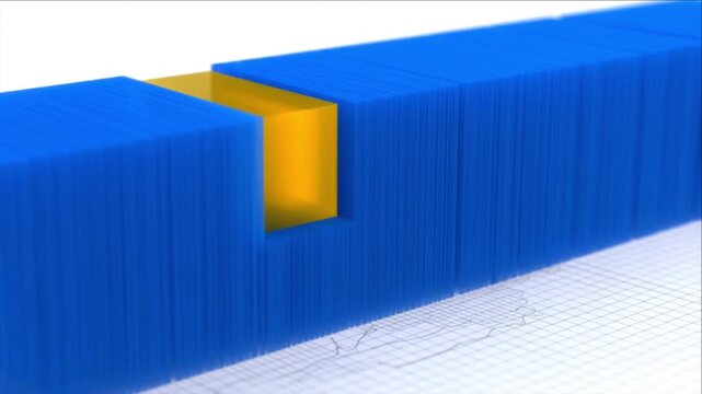 白背景で青い3D棒グラフの中央に黄金のデータが結合して発光する抽象的なビジネス背景
