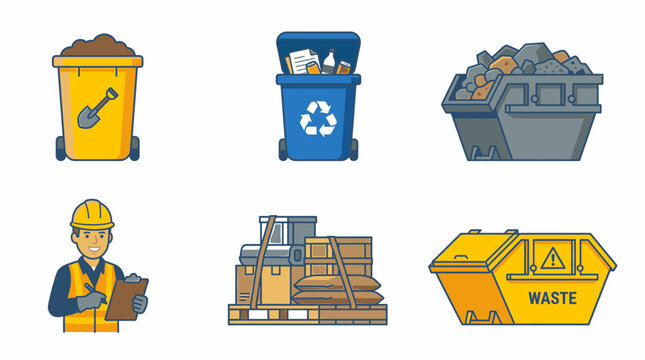 Waste Management and Industrial Operations Collection Set with Recycling Bins Skips Worker and Logistics
