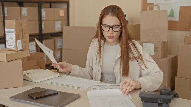 Woman at a desk sorting parcels and flipping documents, furrowed brow and glasses, laptop and phone nearby, surrounded by cardboard boxes in a building; stress small business.