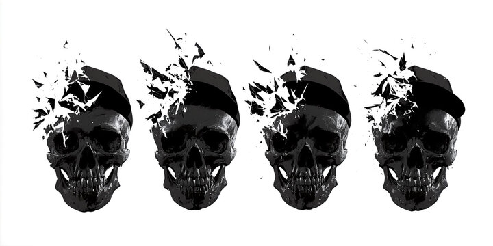 Dark, Cracked Skulls: Symbolism of Destruction and Resilience, White Backdrop, Black Outline