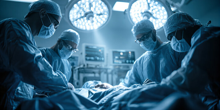 Focused Medical Team in Action: Surgical Procedure in a High-Tech Operating Room