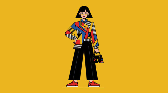 Fashion Woman in a Vibrant Geometric Patterned Jacket and Wide Leg Pants with a Matching Handbag