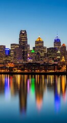 Fototapeta premium City skyline at dusk with reflection.