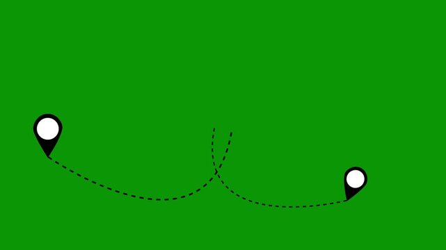 Airplane navigation route animation, simple dotted travel line with destination icons, minimal flight path motion on green background, tourism graphics for editing and travel storytelling 4k video