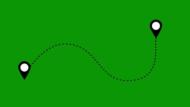 Airplane route dotted line animation, flying plane icon, start and destination pins, minimal journey path motion on green background, tourism track for editing and travel stories 4k video