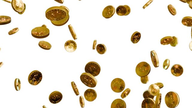 Dollar coins falling rain on white background seamless loop