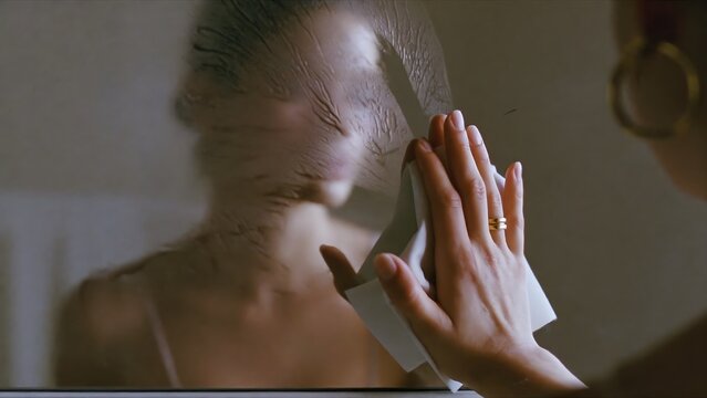 Blurred reflection of woman in steamed bathroom mirror, mental health metaphor for panic, anxiety, and loneliness