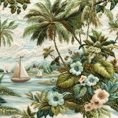 Fototapeta premium Embroidered Tropical Sailboat Paradise