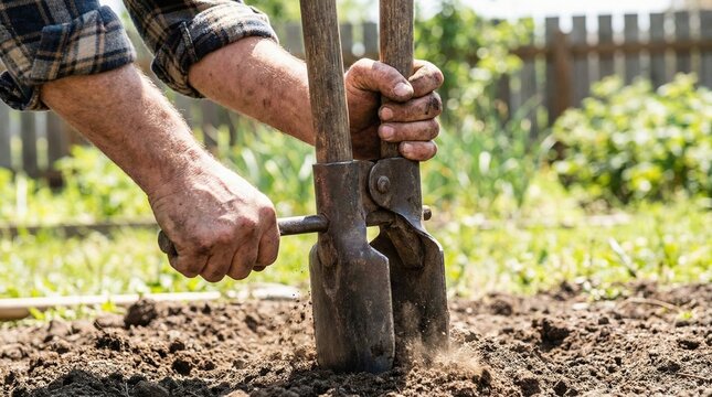 Landscaper with dirty arms using a manual steel post hole digger to remove dark soil in a garden