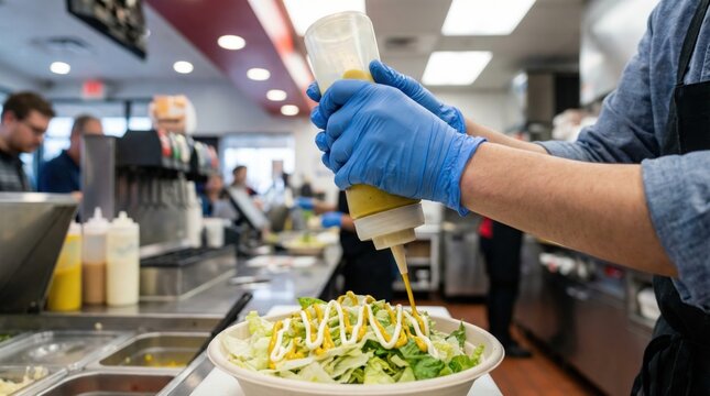 Restaurant worker wearing blue gloves squeezing a zig zag of yellow mustard dressing onto a fresh salad