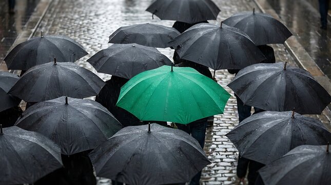One green umbrella stands out in a crowd of black umbrellas on a rainy day
