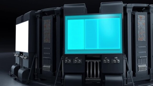 仰角で捉えた3Dプリントで構築されるタングステンの制御パネルとシアン色のデータが同期する機械背景