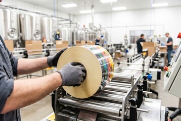 Obraz premium Brewery or factory worker loading a large roll of colorful product labels onto a packaging machine line