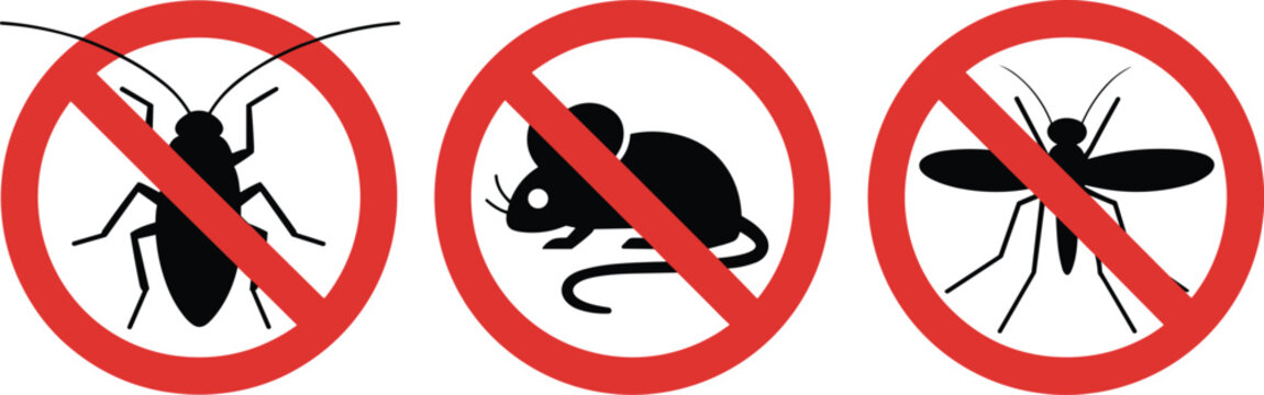 No Pest Prohibited Signs with Cockroach Mouse and Mosquito in Red Circle for Pest Control and Warning Design Projects