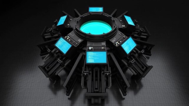 仰角で捉えた3Dプリントで構築されるタングステンと樹脂の制御パネルにシアン色のデータが同期する機械背景